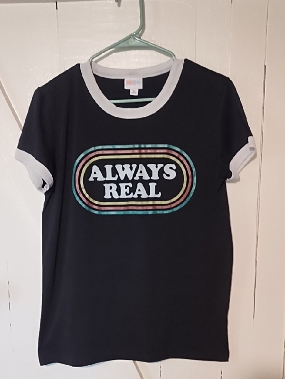 LuLaRoe Black Ringer Tee with Retro Multicolor Graphic - Kids